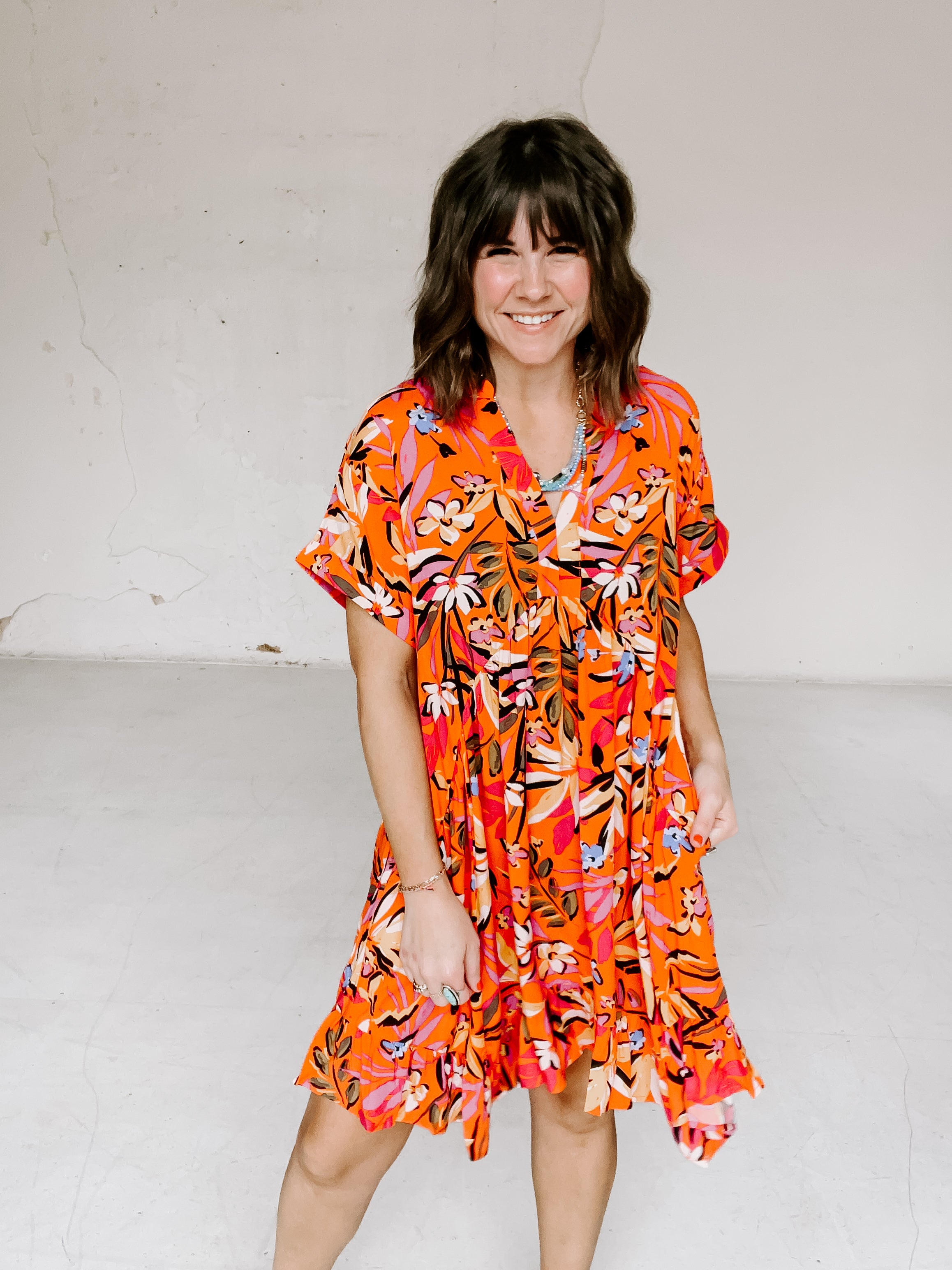 Orange Tropical Print Dress