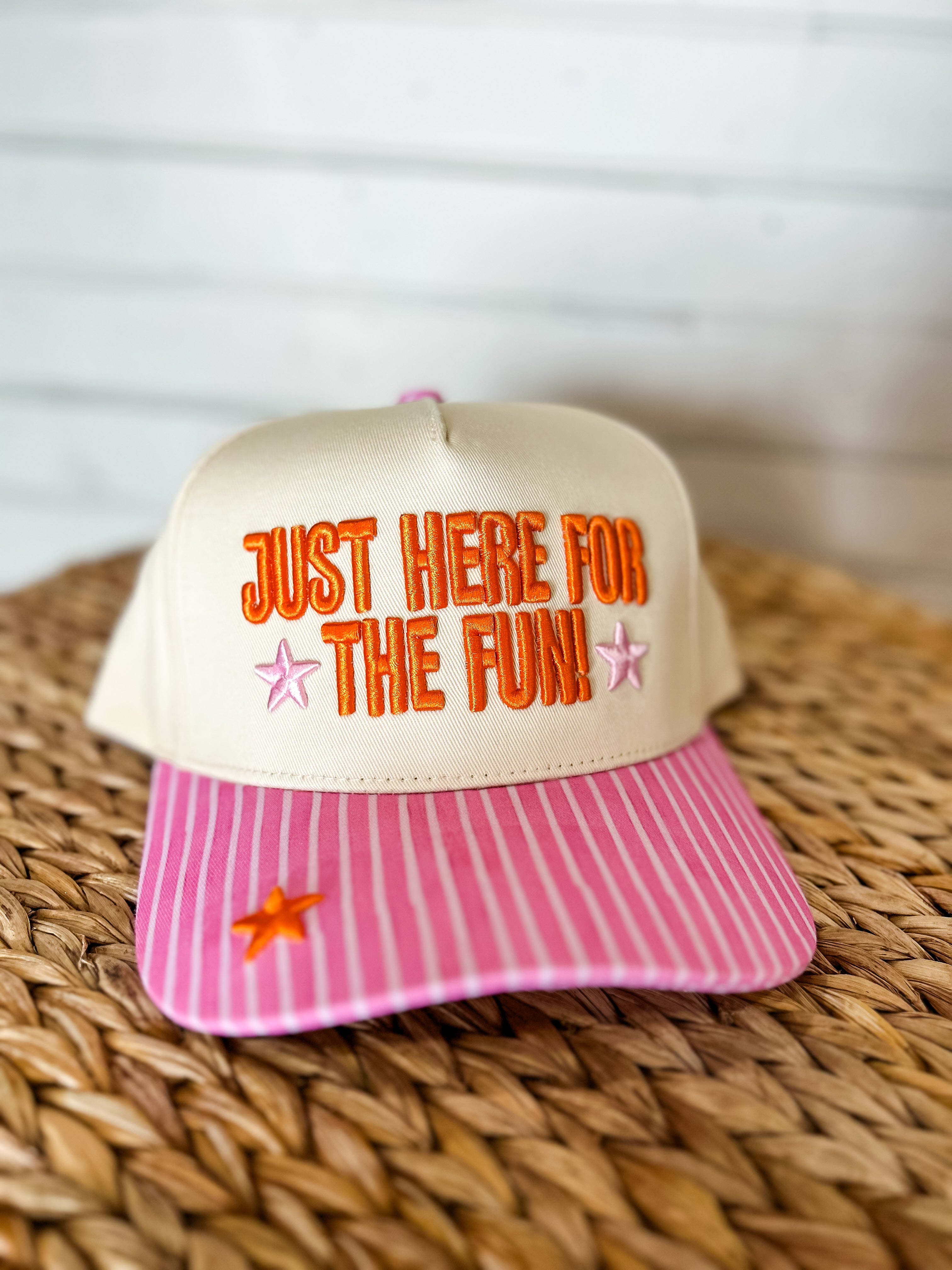 “Just Here for the Fun” Embroidered Trucker Hat