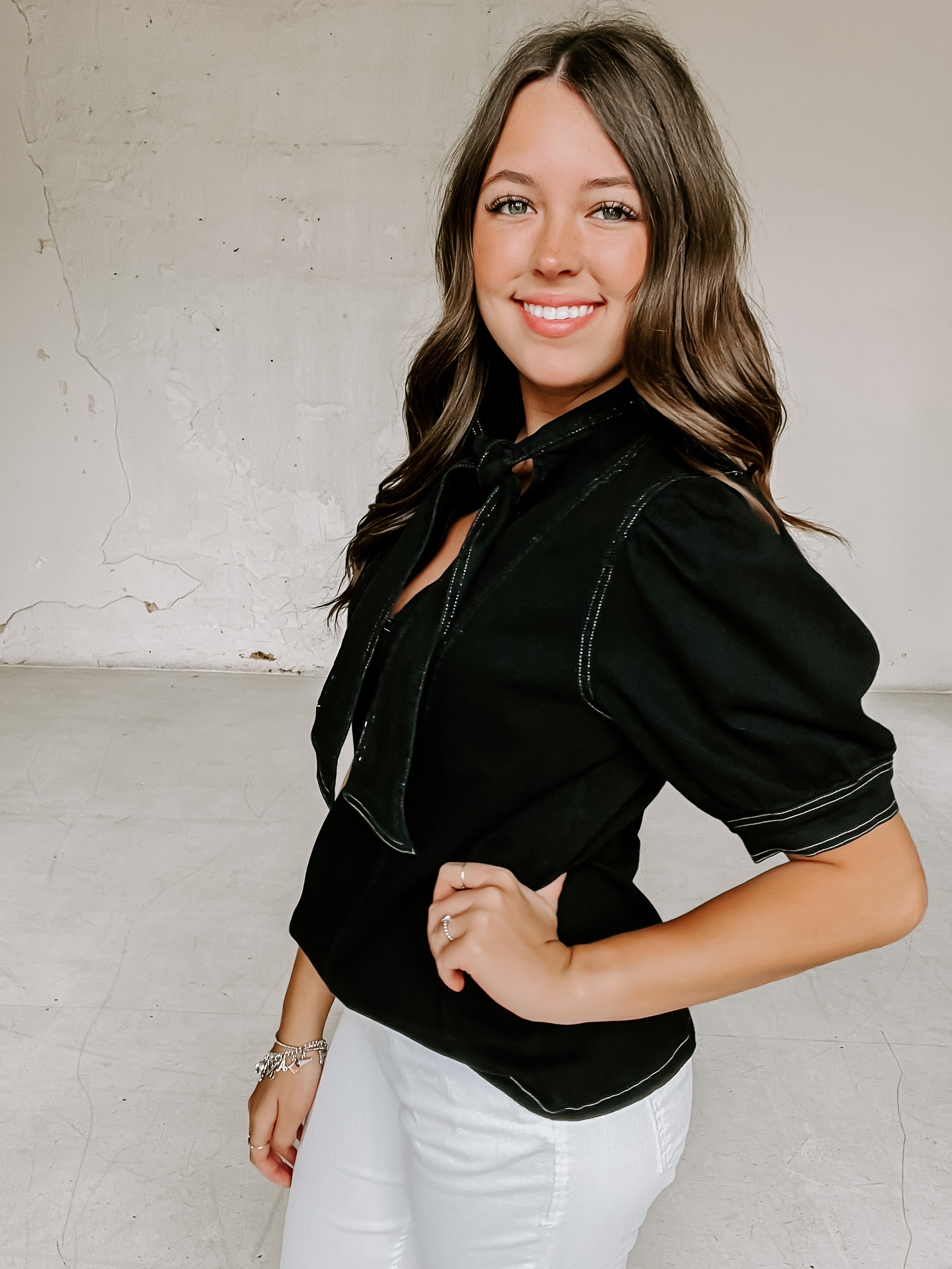 Black Contrast Stitch Denim Top